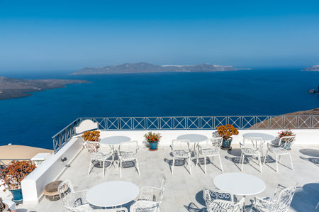 Big terrace with view of Thirasia island - Santorini - Greeceのeditorial素材