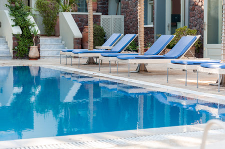 Beautiful pool in an hotel in Santorini - Greeceのeditorial素材