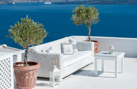 Beautiful terrace over Santorini with sea view - Greeceのeditorial素材