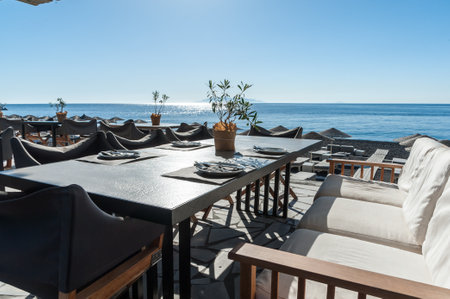 Restaurant on the beach - Santorini island - Greeceのeditorial素材