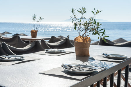 Romantic restaurant on the beach - Santorini - Greeceのeditorial素材