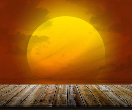 Illustration of top of wooden table at sunsetの写真素材