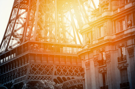 Close up of a black and white tour eiffel and a palace in Paris with sunset.のeditorial素材