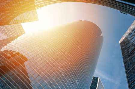 Skyscraper at sunset with sunlightの写真素材