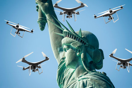 Many drones with digital camera flying around statue of liberty: 3D renderingの写真素材