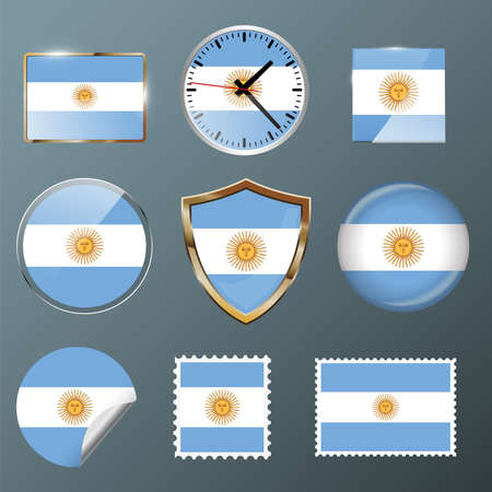 Argentina flag set collection in badges, labels, clock, stamps,shields and buttons.のイラスト素材