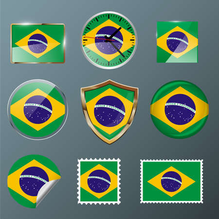 Brazil flag set collection in badges, labels, clock, stamps, shields and buttonsのイラスト素材