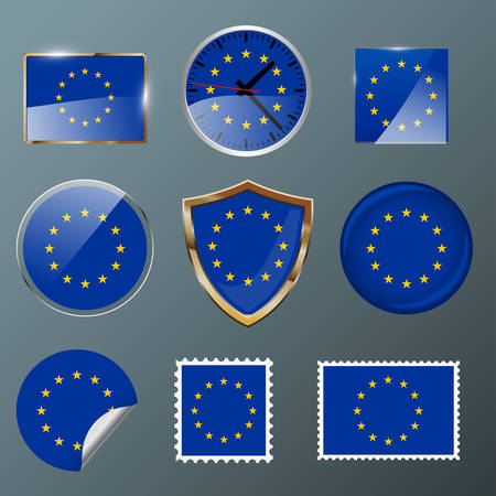 European Union flag set collection in badges, labels, clock, stamps, shields and  buttons.のイラスト素材