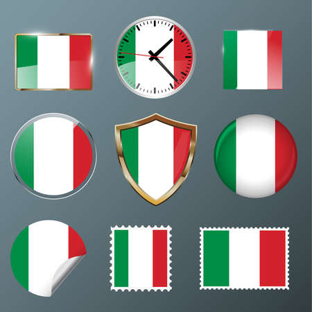 Italy flag set collection in badges, labels, watch, stamps,shields, buttonsのイラスト素材