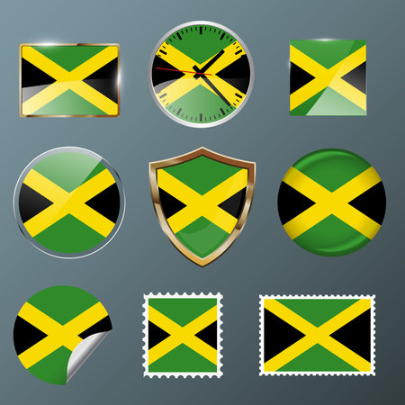 Jamaica flag set collection in badges, labels, watch, stamps,shields, buttonsのイラスト素材