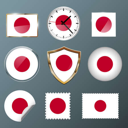 Japan flag set collection in badges, labels, watch, stamps,shields, buttonsのイラスト素材