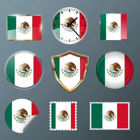 Mexico flag set collection in badges, labels, watch, stamps,shields, buttonsのイラスト素材