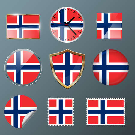 Norway flag set collection in badges, labels, watch, stamps,shields, buttonsのイラスト素材