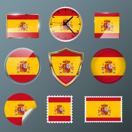 Spain flag set collection in badges, labels, watch, stamps,shields, buttonsのイラスト素材