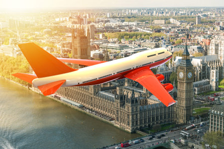 Airplane flying on a big city in the sunset: 3D illustration