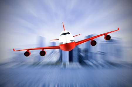 Airplane flying over a moden city: 3D illustrationの写真素材