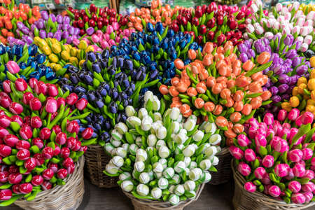 Group of colorful wooden tulips, Netherlandsの写真素材