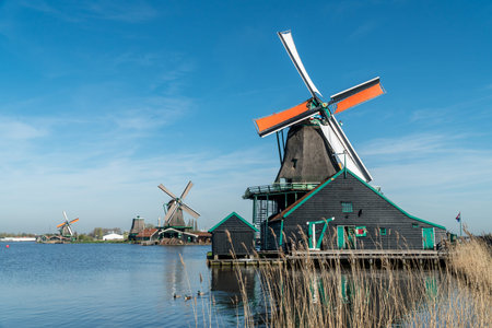 Beauty windmills over a lake in Netherlands