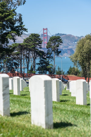 view of the Golden Gate bridge from National Cemetery in the Presidioのeditorial素材