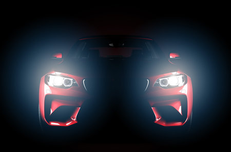 Generic red sport unbranded car isolated on a dark background with headlights. 3d illustrationの写真素材