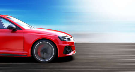 Red car runs fast on the roadの写真素材