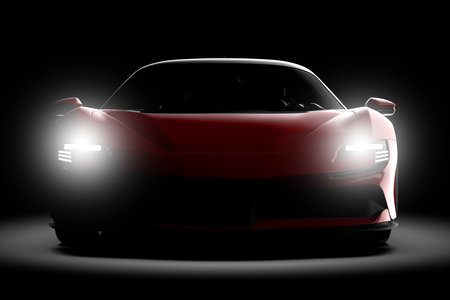 Generic red sport unbranded car isolated on a dark background. 3d illustrationの写真素材