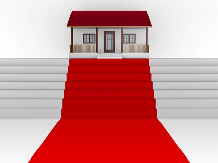 Upwards stairs with red carpet and your house の写真素材
