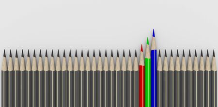 Row of gray pencils with red gray and blue pencils. RGB concept の写真素材
