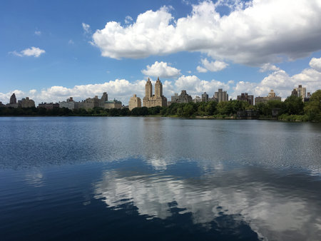 New York view from Central Park. Jacqueline Kennedy Onassis Reservoir on the bottom. New York,...