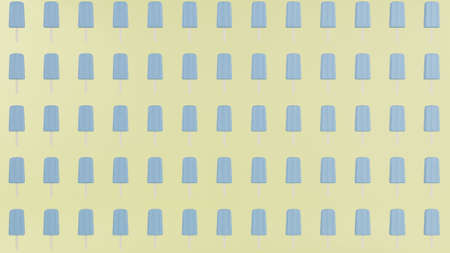 Blue ice pop straight pattern on yellow background. Ice cream and summer concept. 3D rendering. Pastel colors.の写真素材