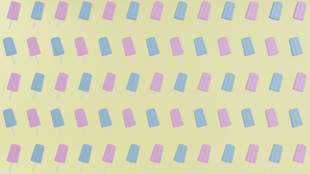 Pink and blue ice cream twisted pattern on yellow background. Ice cream and summer concept. 3D...