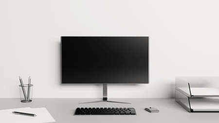 Desktop with a computer screen, keyboard, mouse, papers and pens. Home office concept. 3D rendering.の写真素材