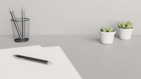 Desktop detail with papers, pens and cactus plants. Home office concept. 3D rendering.の写真素材