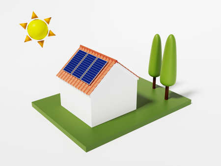House with solar panels. Logo concept. 3D rendering.の写真素材