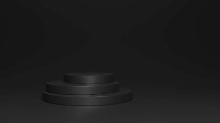 Modern black podium for product showcase. Cylinder shapes. Black background. Empty stage. 3d render illustration.の写真素材