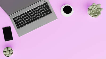 Laptop, smartphone, a cup of coffee and plants. 3D render. Teleworking concept.の写真素材