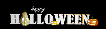 Happy Halloween banner with three pumpkins. 3D render.の写真素材