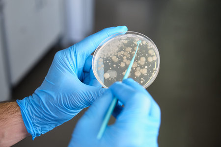 Scientist hands holding a petri dish with bacterial colonies analyzing microorganisms growth....
