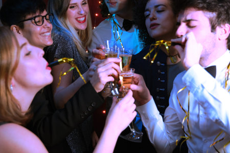 Friends at a Christmas party making a toast. Christmas celebration.