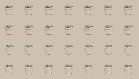 Seamless 3D succulent plant pot pattern at beige pastel background. Vector, illustration pattern.