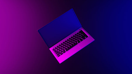 Laptop on an abstract light effect purple and blue wallpaper 3D render. Horizontal illustration...