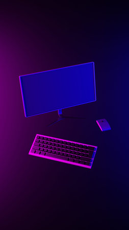 Computer, screen, mouse, keyboard on an abstract light effect purple and blue wallpaper 3D render....