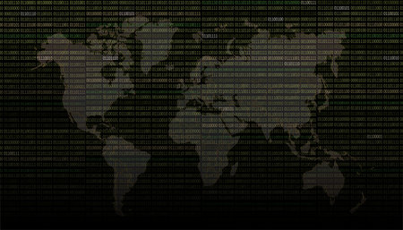 World map with 01 or binary numbers on the computer screen on monitor matrix background. Digital...