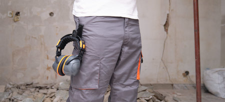 Unrecognizable builder with hearing protection hanging from the trousers. Safety at work concept.