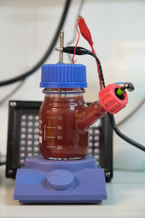 Anaerobic purple and red Photobacteria cultures in a microbial fuel cell, illuminated with infrared...