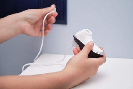 Womans hand plugging in her air pulse stimulator vibrator