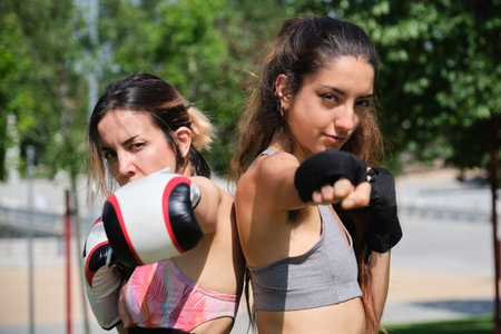 Young women in boxing gloves hitting and looking at camera. Muay thai, sport outdoors.の写真素材