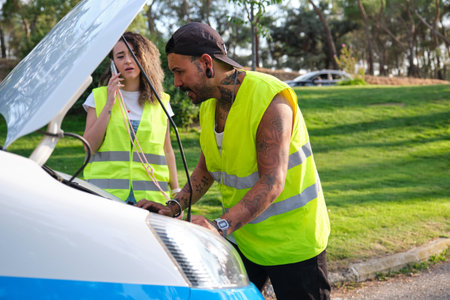 Young tattooed couple in reflective safety vest calling for road assistance.の写真素材