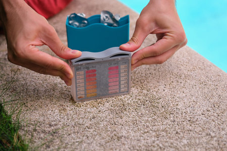 Unrecognizable man using a ph and cl kit to test the pool water quality.の写真素材