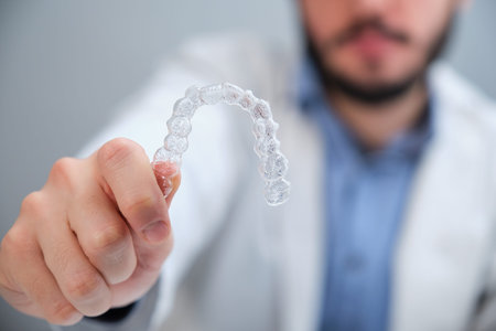 Unrecognizable orthodontist holding invisible dental aligners.